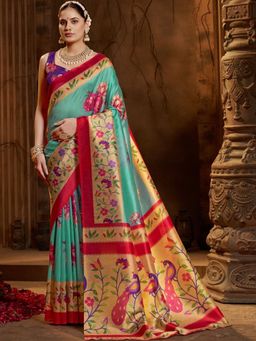 Garden VARELI - Teal Floral Silk Saree With Unstitched Blouse