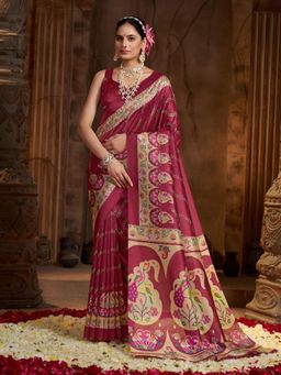 Garden VARELI - Wine Floral Silk Saree With Unstitched Blouse