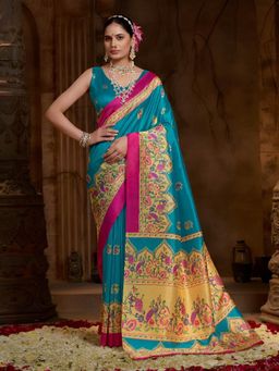 Garden VARELI - Teal Floral Silk Saree With Unstitched Blouse
