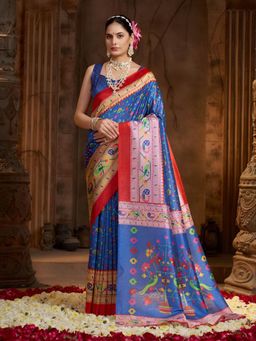 Garden VARELI - Blue Floral Silk Saree Without Blouse