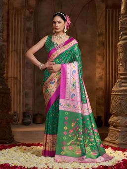 Garden VARELI - Green Floral Silk Saree With Unstitched Blouse