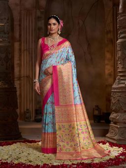 Garden VARELI - Blue Floral Silk Saree With Unstitched Blouse