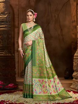 Garden VARELI - Olive Floral Silk Saree Without Blouse