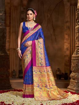 Garden VARELI - Blue Floral Silk Saree Without Blouse