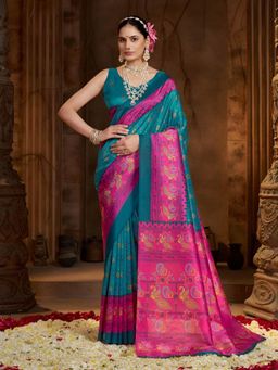 Garden VARELI - Teal Floral Silk Saree Without Blouse