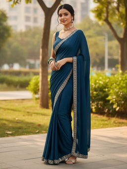 Akhilam - Women Satin Teal blue Embellished Designer Saree with Unstitched Blouse