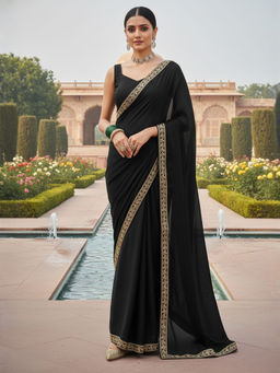 Akhilam - Women Satin Black Embellished Designer Saree with Unstitched Blouse