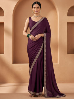 Akhilam - Women Satin Purple Embellished Designer Saree with Unstitched Blouse