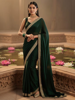 Akhilam - Women Satin Dark Green Embellished Designer Saree with Unstitched Blouse