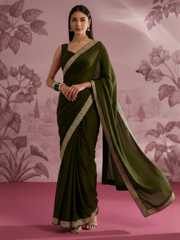 Akhilam - Women Satin Olive Embellished Designer Saree with Unstitched Blouse