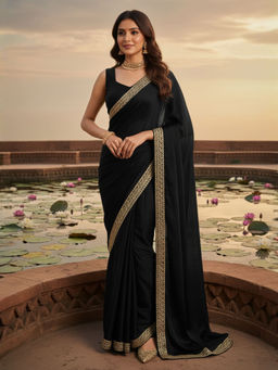 Akhilam - Women Satin Black Embellished Designer Saree with Unstitched Blouse
