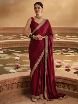 Akhilam - Women Satin Maroon Embellished Designer Saree with Unstitched Blouse