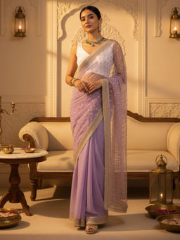 Akhilam - Women Net Lavender Embellished Designer Saree with Unstitched Blouse