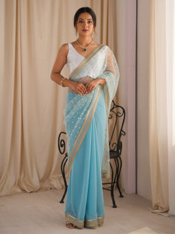 Akhilam - Women Net Light Blue Embellished Designer Saree with Unstitched Blouse