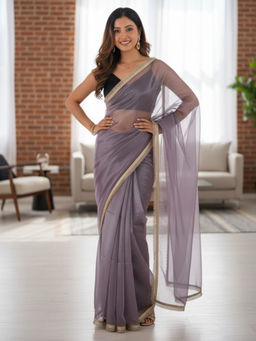 Akhilam - Women Net Lavender Embellished Designer Saree with Unstitched Blouse