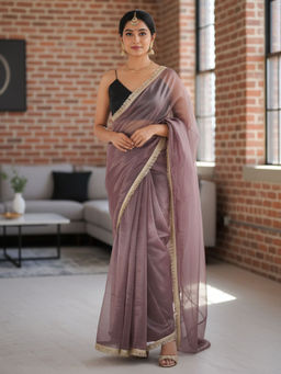 Akhilam - Women Net Mauve Embellished Designer Saree with Unstitched Blouse