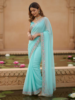 Akhilam - Women Georgette Light Blue Embellished Saree with Unstitched Blouse