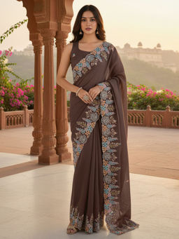 Akhilam - Women Vichitra Silk Brown Embroidered Saree with Unstitched Blouse