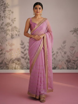 Akhilam - Women Organza Mauve Embellished Designer Saree with Unstitched Blouse