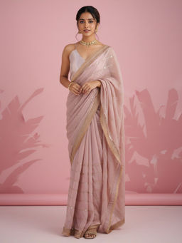 Akhilam - Women Organza Beige Embellished Designer Saree with Unstitched Blouse