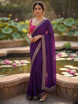 Akhilam - Women Pure Georgette Purple Embellished Saree with Unstitched Blouse