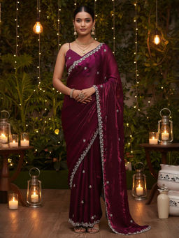 Akhilam - Women Satin Purple Embellished Designer Saree with Unstitched Blouse