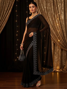 Akhilam - Women Chiffon Black Embellished Celebrity Saree with Unstitched Blouse