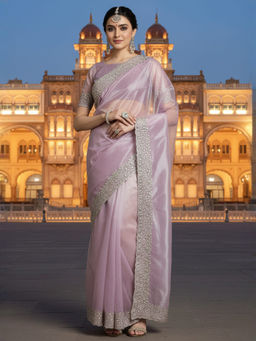 Akhilam - Women Net Lavender Embellished Celebrity Saree with Unstitched Blouse