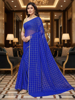 Akhilam - Women Chiffon Blue Checks Designer Saree with Unstitched Blouse