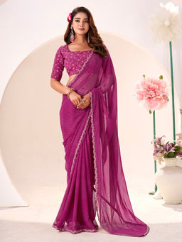 Akhilam - Women Georgette Pink Printed Designer Saree with Unstitched Blouse
