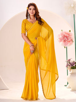 Akhilam - Women Georgette Yellow Printed Designer Saree with Unstitched Blouse