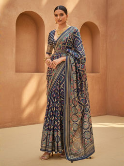 Akhilam - Women Organza Navy Blue Woven Design Designer Saree with Unstitched Blouse