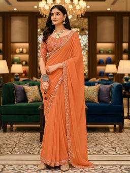 Akhilam - Women Georgette Orange Embroidered Designer Saree with Unstitched Blouse
