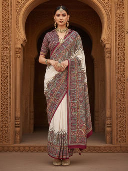 Akhilam - Women Silk Blend Cream Woven Design Designer Saree with Unstitched Blouse