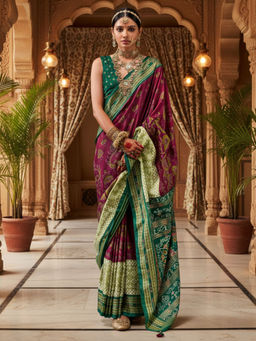 Akhilam - Women Silk Blend Magenta Woven Design Saree with Unstitched Blouse