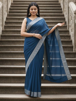 Akhilam - Women Georgette Teal blue Solid Pre Draped Saree with Unstitched Blouse