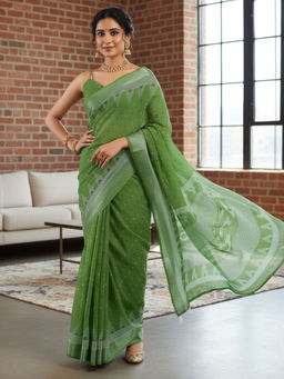 Akhilam - Women Cotton Linen Green Printed Pre Draped Saree with Unstitched Blouse