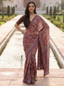 Akhilam - Women Cotton Brown Printed Pre Draped Saree with Unstitched Blouse