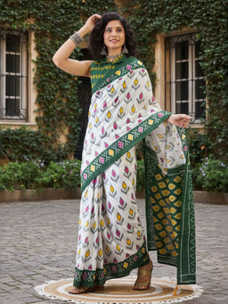 Akhilam - Women Cotton White Printed Pre Draped Saree with Unstitched Blouse
