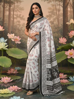 Akhilam - Women Cotton White Printed Pre Draped Saree with Unstitched Blouse