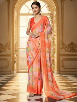 Akhilam - Women Chiffon Orange Printed Designer Saree with Unstitched Blouse