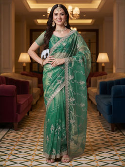 Akhilam - Women Net green Embroidered Designer Saree with Unstitched Blouse