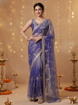 Akhilam - Women Net Violet Embroidered Designer Saree with Unstitched Blouse