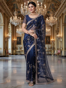 Akhilam - Women Net Navy Blue Embroidered Designer Saree with Unstitched Blouse