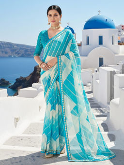 Akhilam - Women Chiffon Blue Embellished Designer Saree with Unstitched Blouse
