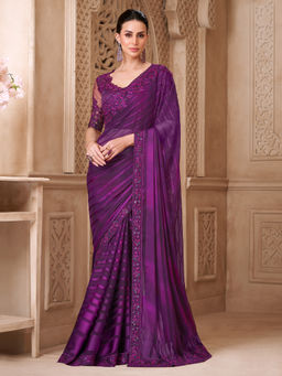 Akhilam - Women Georgette Purple Embroidered Designer Saree with Unstitched Blouse