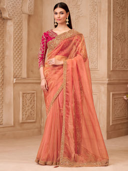 Akhilam - Women Georgette Rust Embroidered Designer Saree with Unstitched Blouse