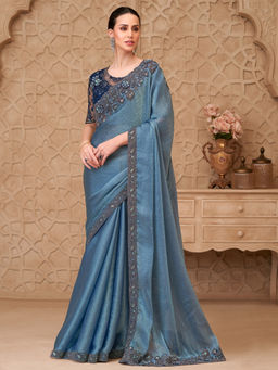 Akhilam - Women Georgette Blue Embroidered Designer Saree with Unstitched Blouse