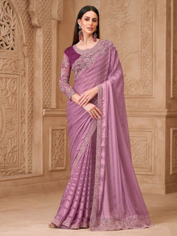Akhilam - Women Georgette Mauve Embroidered Designer Saree with Unstitched Blouse