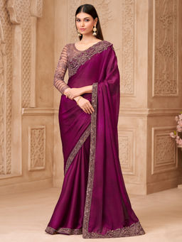 Akhilam - Women Georgette Purple Embroidered Designer Saree with Unstitched Blouse